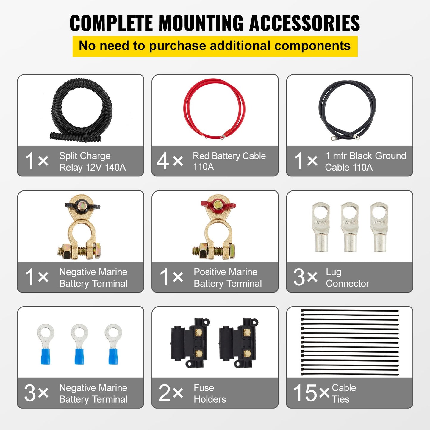 Split-Charge-Relais-Kit, 2 m, 12 V, automatisches Doppelbatterie-Isolator-Kit mit 140-A-Spannungssensorrelais VSR, kompatibel mit Wohnmobil, Marine, Auto, LKW, Wohnwagen, Wohnmobil, Yacht, ATV, UTV, Boot, Werkstatt