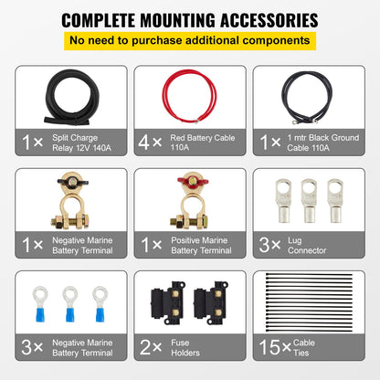 Split-Charge-Relais-Kit, 2 m, 12 V, automatisches Doppelbatterie-Isolator-Kit mit 140-A-Spannungssensorrelais VSR, kompatibel mit Wohnmobil, Marine, Auto, LKW, Wohnwagen, Wohnmobil, Yacht, ATV, UTV, Boot, Werkstatt