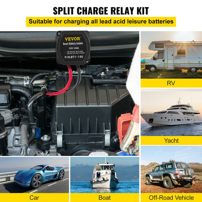 Split-Charge-Relais-Kit, 6 m, 12 V, automatisches Doppelbatterie-Isolator-Kit mit 140-A-Spannungssensorrelais VSR, kompatibel mit Wohnmobil, Marine, Auto, LKW, Wohnwagen, Wohnmobil, Yacht, ATV, UTV, Boot, Werkstatt