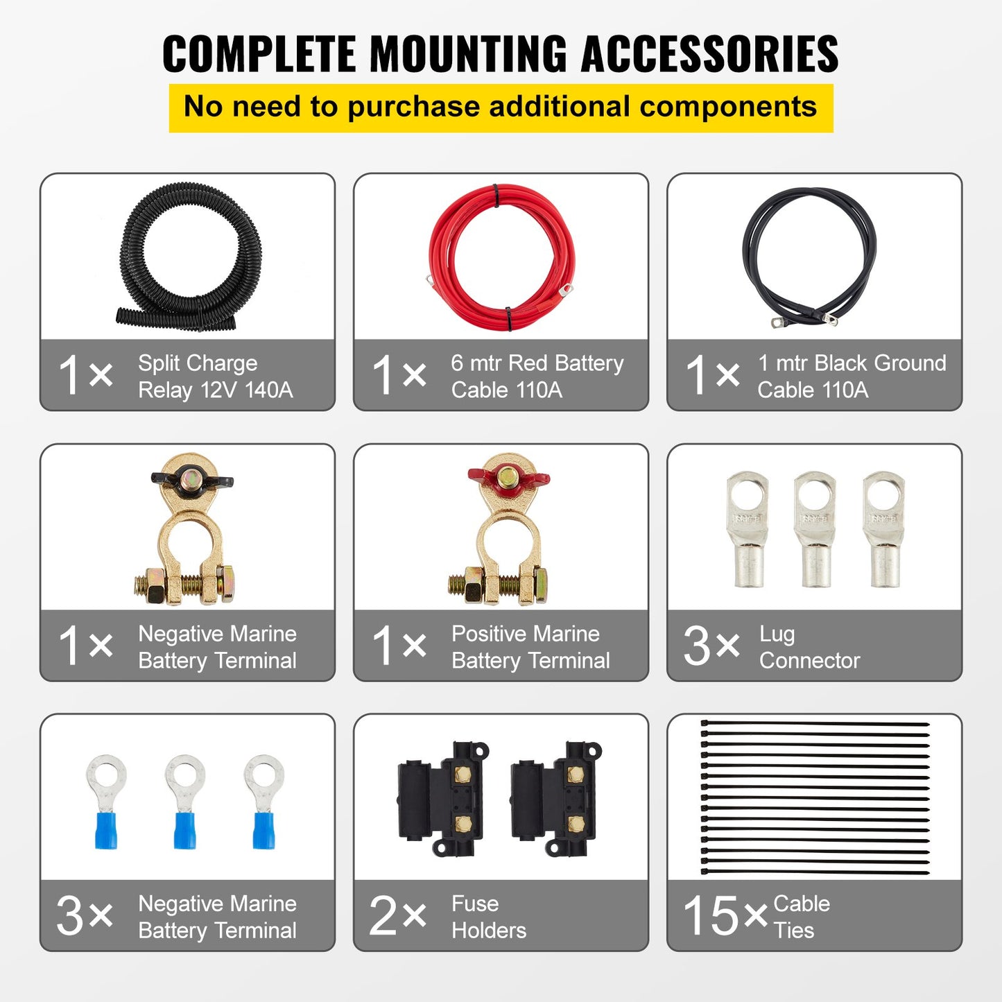 Split-Charge-Relais-Kit, 6 m, 12 V, automatisches Doppelbatterie-Isolator-Kit mit 140-A-Spannungssensorrelais VSR, kompatibel mit Wohnmobil, Marine, Auto, LKW, Wohnwagen, Wohnmobil, Yacht, ATV, UTV, Boot, Werkstatt