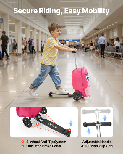 Ride-on Luggage, 20 L Capacity, 20 Inches Kids Scooter Suitcase with Flash PU Wheels, Adjustable Handle & TPR Non-Slip Grip, Foldable & Lightweight Scooter Luggage for Kids Aged 5+, Pink