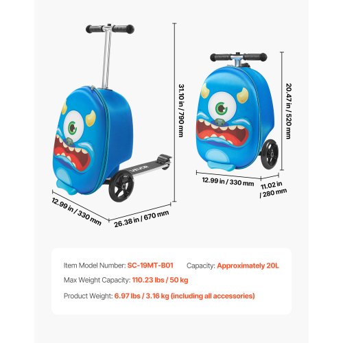 Kinderreisetasche mit Rollgepäck, 20 Zoll, Roller und Flash-Räder, blau