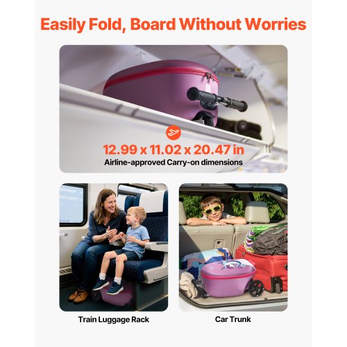 Resväska för barn med åkbart bagage, 20 tum, sparkcykel och flashhjul, lila