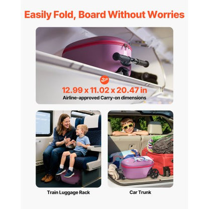 Resväska för barn med åkbart bagage, 20 tum, sparkcykel och flashhjul, lila