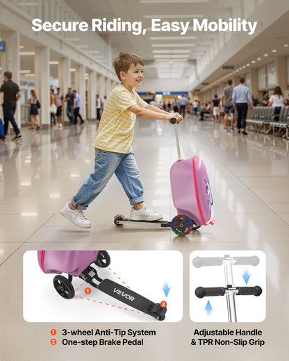 Ride-on Luggage, 20 L Capacity, 20 Inches Kids Scooter Suitcase with Flash PU Wheels, Adjustable Handle & TPR Non-Slip Grip, Foldable & Lightweight Scooter Luggage for Kids Aged 5+, Purple