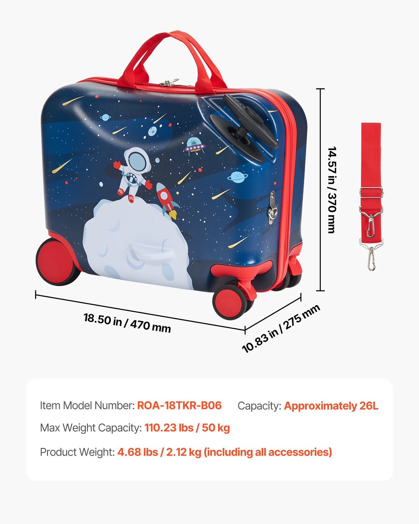 Ride-on Luggage, 26 L Capacity, 18 Inches Tow Along Toddler Carry on Luggage with Wheels, Adjustable Shoulder Strap, Lightweight Kids Riding Suitcase for Boys & Girls Aged 3+, Blue & White