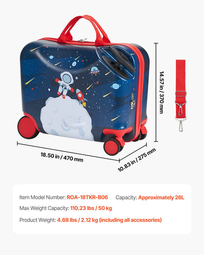Ride-on Luggage, 26 L Capacity, 18 Inches Tow Along Toddler Carry on Luggage with Wheels, Adjustable Shoulder Strap, Lightweight Kids Riding Suitcase for Boys & Girls Aged 3+, Blue & White