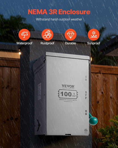 100A Generator Transfer Switch, 24000W Manual Transfer Switch, Heavy Duty Double-Throw Power Transfer Switch 120/240V, Meeting NEMA 3R Standards, for Outdoor, Indoor, and Portable Generator