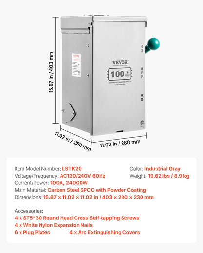 100A Generator Transfer Switch, 24000W Manual Transfer Switch, Heavy Duty Double-Throw Power Transfer Switch 120/240V, Meeting NEMA 3R Standards, for Outdoor, Indoor, and Portable Generator