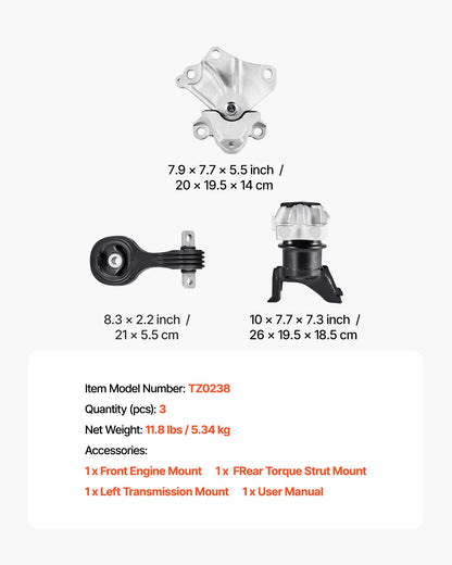 Engine Motor Mount and Transmission Mount Kit Replacement, Set of 3, Compatible with 2012–2013 Honda Civic 1.8L Coupe, Replace OE# A65048, A65021, A65087, Secure Support