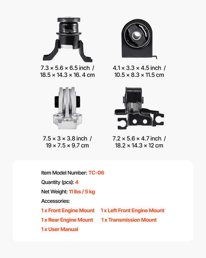 Engine Motor Mount and Transmission Mount Kit Replacement, Set of 4, Compatible with 2009–2012 Ford Escape 2.5L L4, Replace OE# A5446, A5481, A5412, A5441, Secure Support
