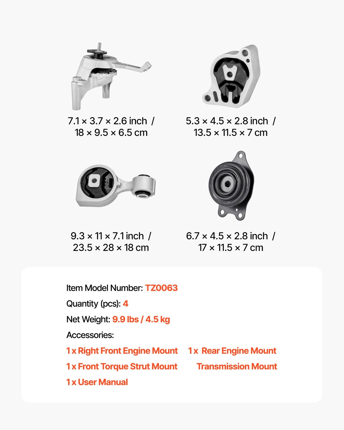 Engine and Transmission Motor Mount Kit Replacement, Set of 4, Compatible with 2007–2017 Nissan Altima 2.5L L4, Replace OE# A4350, A4353, A4340, A4339, Secure Support