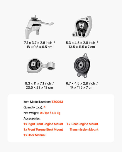 Engine and Transmission Motor Mount Kit Replacement, Set of 4, Compatible with 2007–2017 Nissan Altima 2.5L L4, Replace OE# A4350, A4353, A4340, A4339, Secure Support