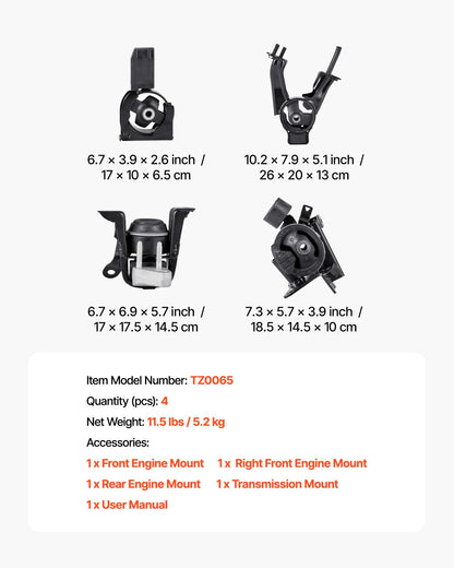 Engine and Transmission Motor Mount Kit Replacement, Set of 4, Compatible with 2003–2008 Toyota Corolla 1.8L L4, Replace OE# A4220, A4219, A4218, A4221, Secure Support