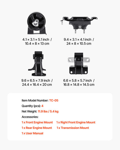 Engine Motor Mount and Transmission Mount Kit Replacement, Set of 4, Compatible with 2008–2010 Chrysler Town & Country 3.3L, Replace OE# A5654, A5480, A5465, A5493, Secure Support