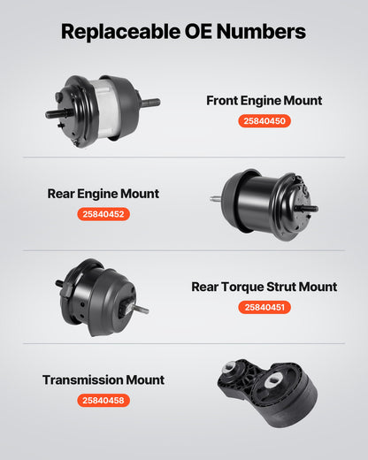 Engine and Transmission Motor Mount Kit Replacement, Set of 4, Compatible with 2009–2017 Chevrolet Traverse 3.6L V6, Replace OE# A5548HY, A5549HY, A5458HY, A5444, Secure Support