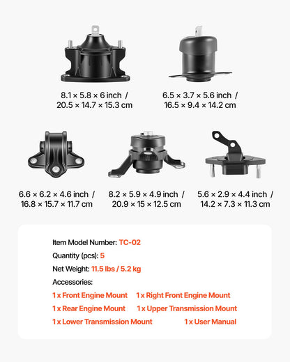 Engine Motor Mount and Transmission Mount Kit Replacement, Set of 5, Compatible with 2008-2012 Honda Accord 2.4L L4 and 2009-2013 Acura TSX 2.4L, Replace OE# A4565 A4572 A4570 A4584 A4561