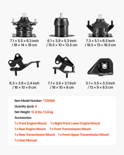 Engine Motor Mount and Transmission Mount Kit Replacement, Set of 6, Compatible with 2003–2007 Honda Accord 2.4L L4, Replace OE# A4526HY, A4517, A4516, A4510, A4509, A4542, Secure Support