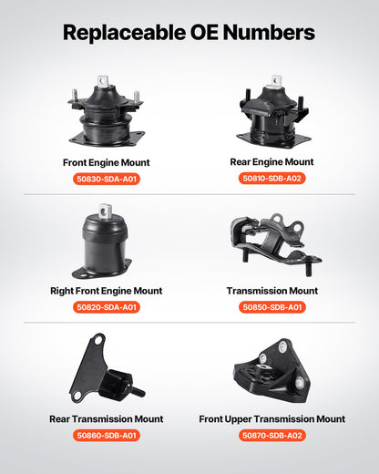 Engine Motor Mount and Transmission Mount Kit Replacement, Set of 6, Compatible with 2003–2007 Honda Accord 3.0L V6, Replace OE# A4526HY, A4517, A4527HY, A4524, A4544, A4525, Secure Support