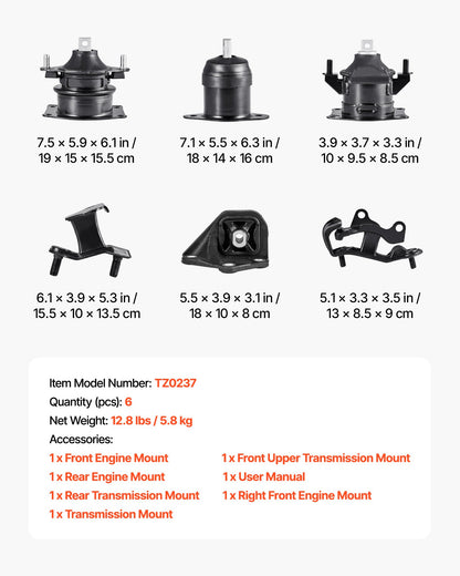 Engine Motor Mount and Transmission Mount Kit Replacement, Set of 6, Compatible with 2003–2007 Honda Accord 3.0L V6, Replace OE# A4526HY, A4517, A4527HY, A4524, A4544, A4525, Secure Support