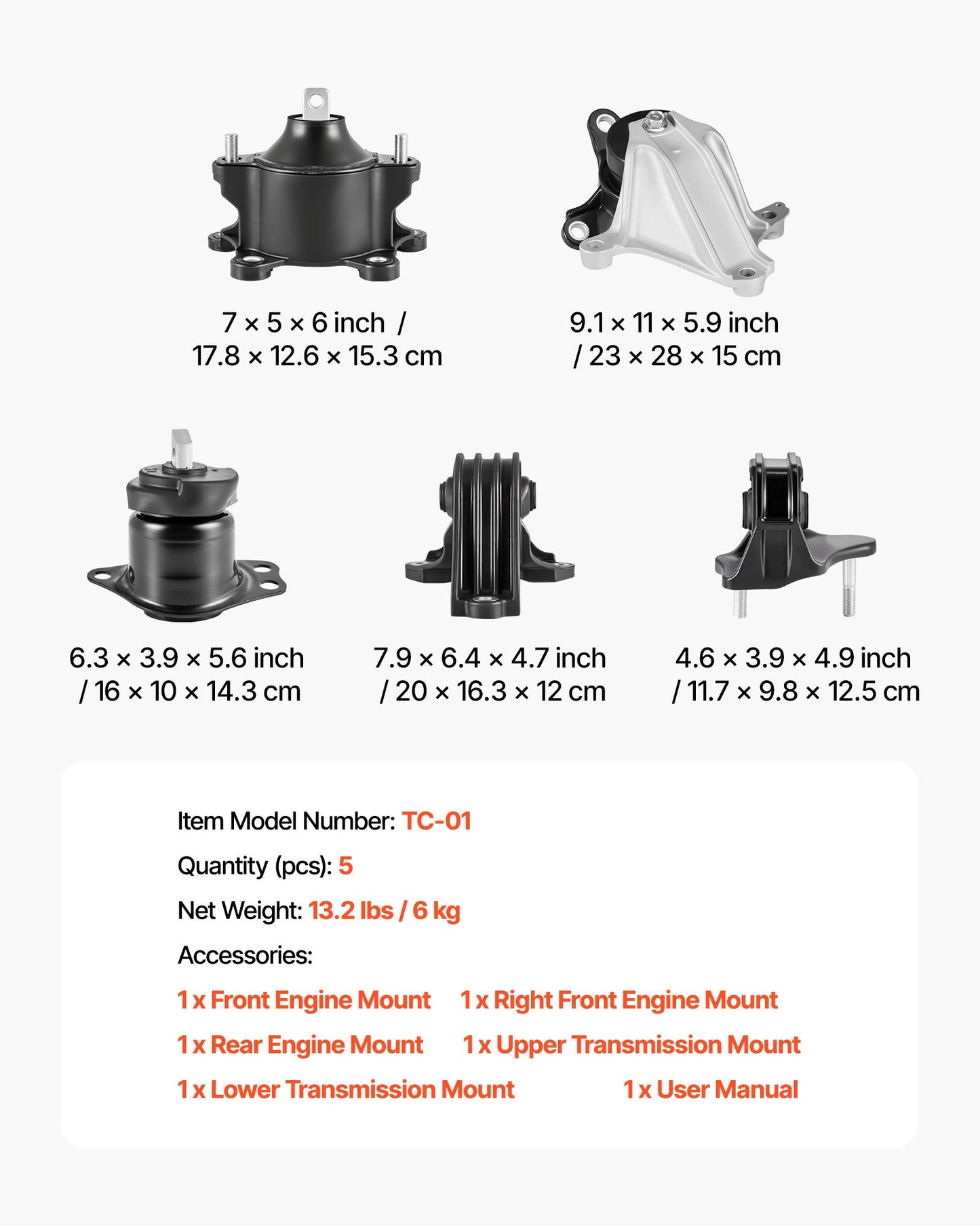 Engine Motor Mount and Transmission Mount Kit Replacement, Set of 5, Compatible with 2013-2017 Honda Accord 2.4L L4, Replace OE# A65072 A65054 A65040 A65068 A65071, Secure Support