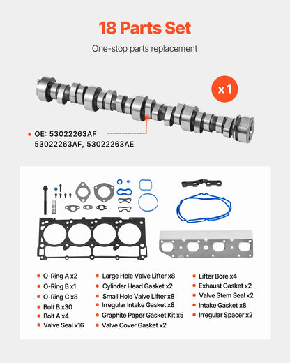 Lifter Camshaft Kit, 18-Piece Set, Fits 2009-2021 Jeep Grand Cherokee, 2009-2021 Dodge Challenger, Fits 1999-2013 4.8L, 5.3L, and 5.7L LS-Based Engines, V8 5.7L