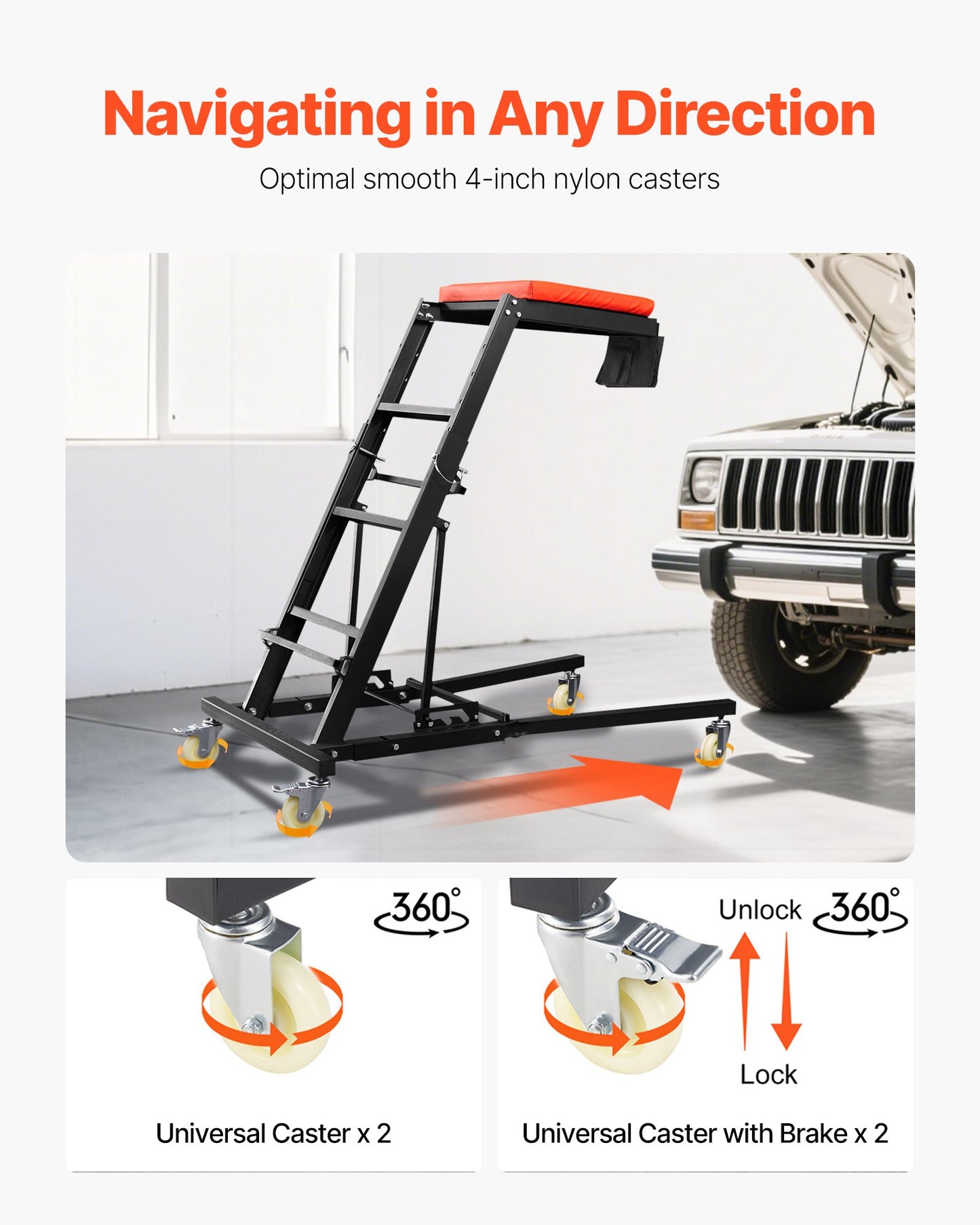 Automotive Top Creeper, with Adjustable Height 48" to 76", 400 LBS Capacity High Creeper, 4 Swivel Caster Wheels, Heavy Duty Creeper for Auto Repair and Maintenance