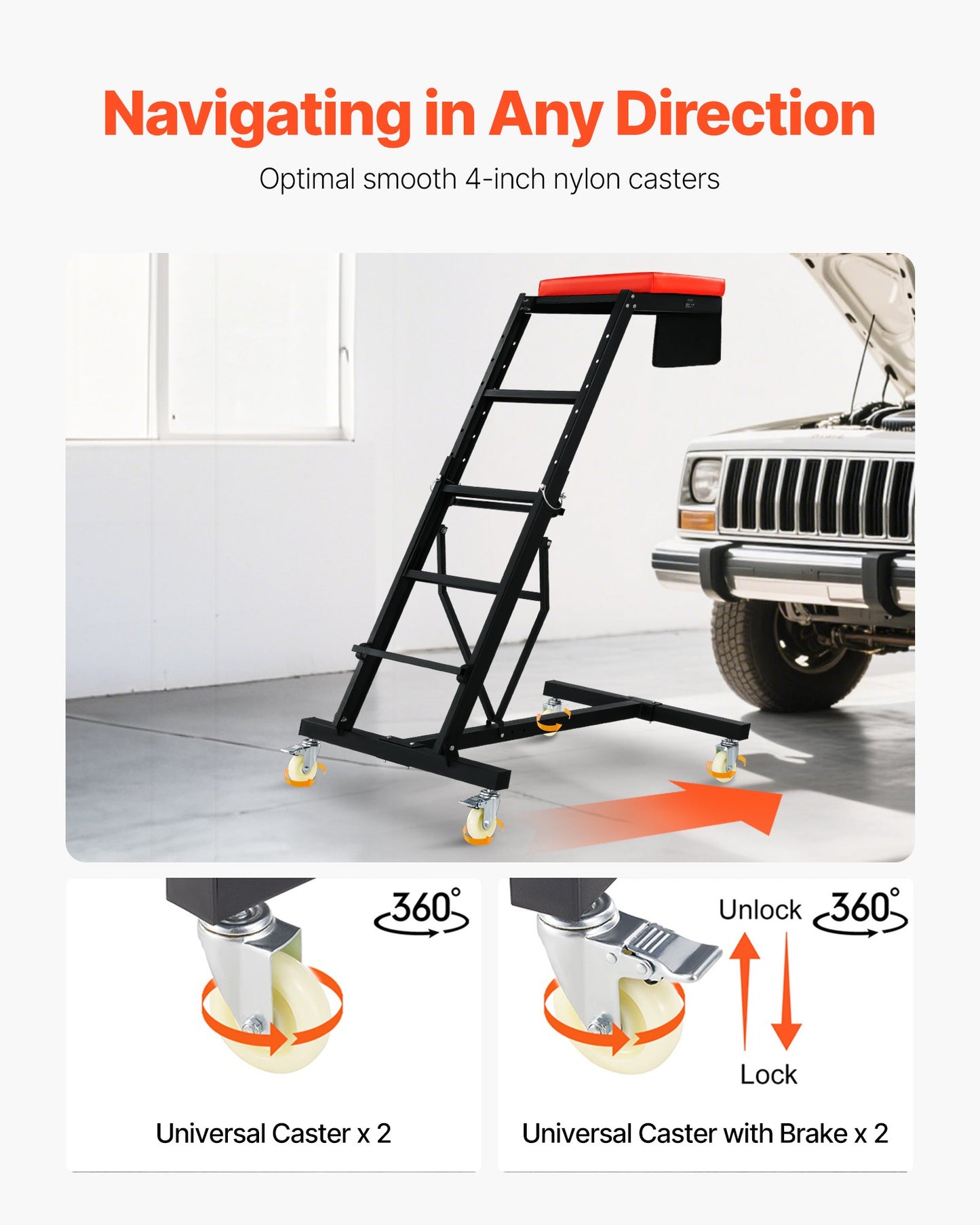 Top Automotive Creeper, Engine Creeper with Adjustable Height 45.7" to 66.3", 400 LBS Capacity High Creeper, 4 Swivel Caster Wheels, Heavy Duty Creeper for Auto Repair and Maintenance