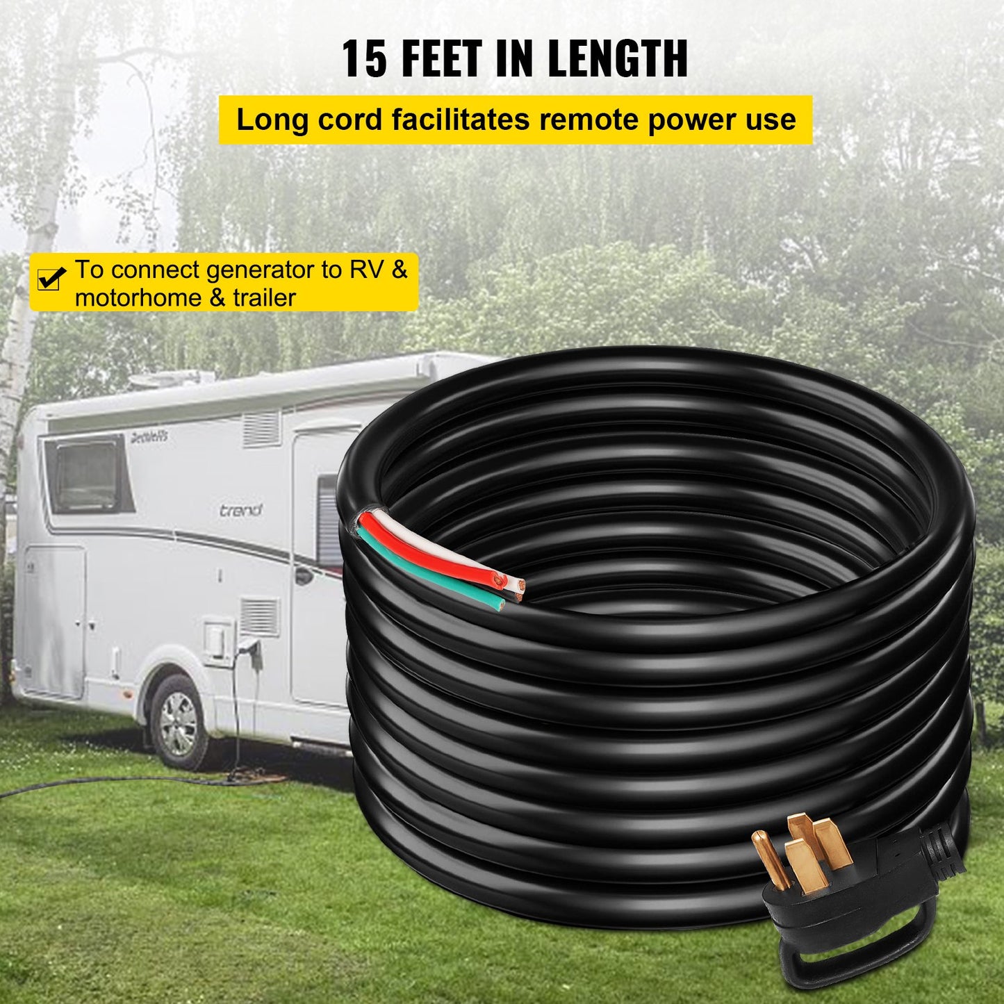 15 ft 50A RV Camp Power Cord Generator Cord 6/3+8/1 AWG NEMA 14-50P to Bare Wire