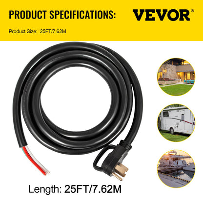 25' 50A RV Camp Power Cord Generator Cord 6/3 + 8/1 AWG NEMA 14-50P to Bare Wire