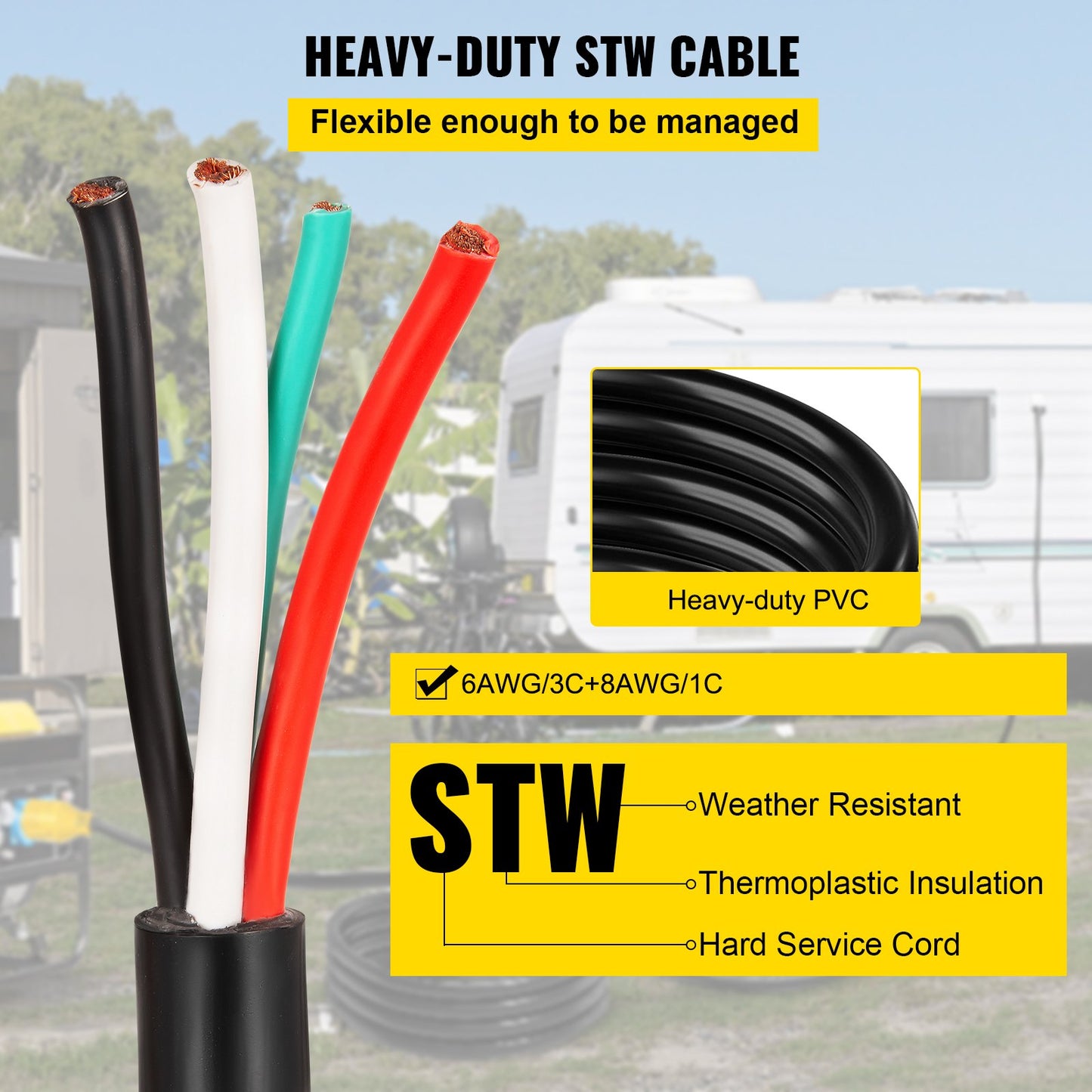 30' 50A RV Camp Power Cord Generator Cord 6/3 + 8/1 AWG NEMA 14-50P to Bare Wire