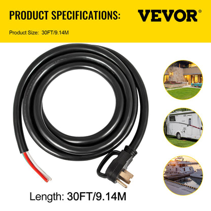 30' 50A RV Camp Power Cord Generator Cord 6/3 + 8/1 AWG NEMA 14-50P to Bare Wire