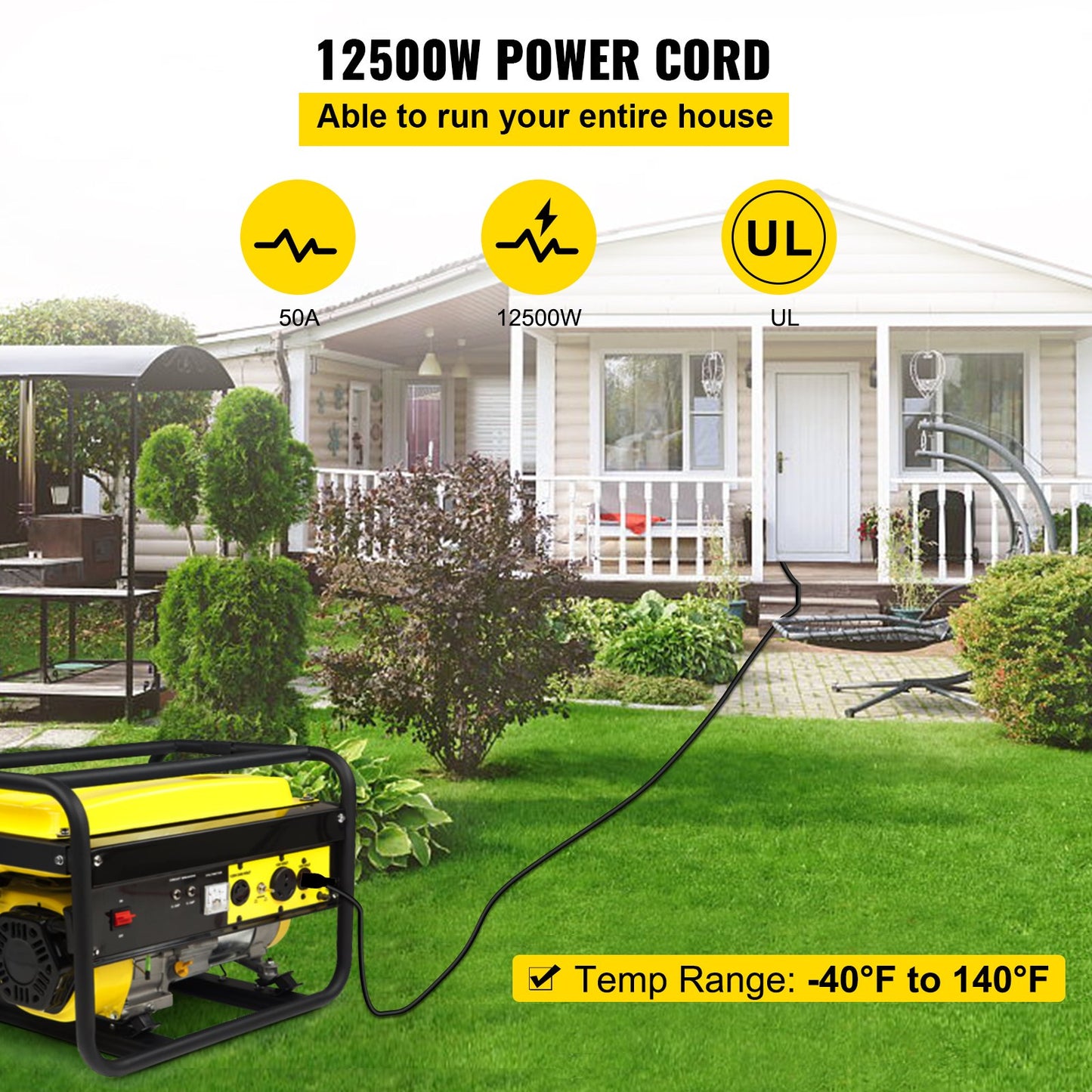 40' 50A RV Camp Power Cord Generator Cord 6/3 + 8/1 AWG NEMA 14-50P to Bare Wire