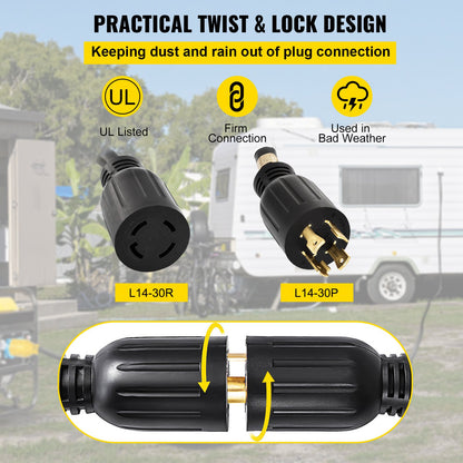 50 FT 30 Amp Generator Extension Cord SJTW 10 AWG 4 Prong, NEMA L14-30P 125/250V Heavy Duty Generator Power Cord with Twist Lock Connector