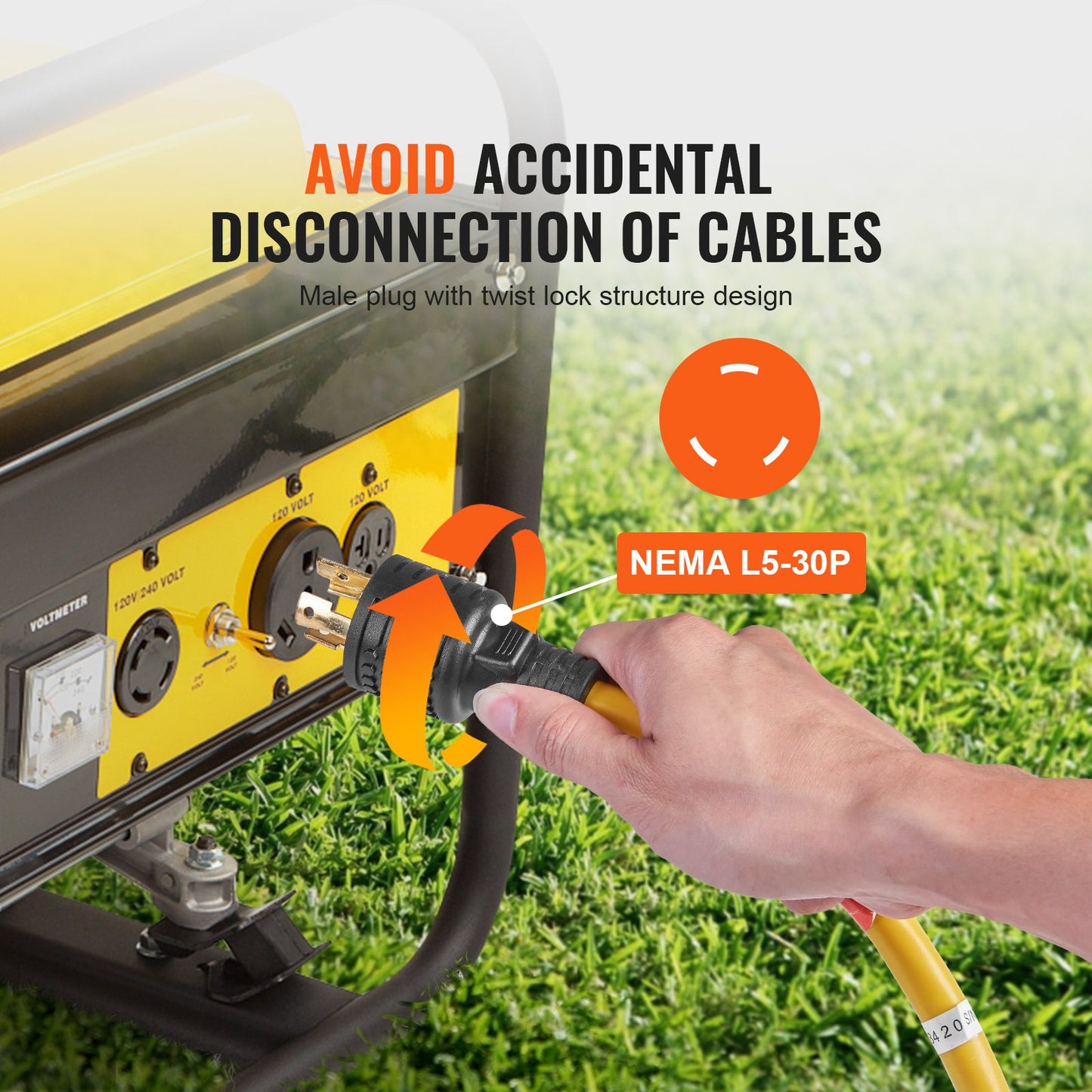 30-Amp Generator Extension Cord, 25 Ft, 125V 375W Heavy Duty Generator Outdoor Power Cord, NEMA L5-30P / Three NEMA 5-15R STJW Flexible Power Cable with Twist Lock Connectors, for Generators