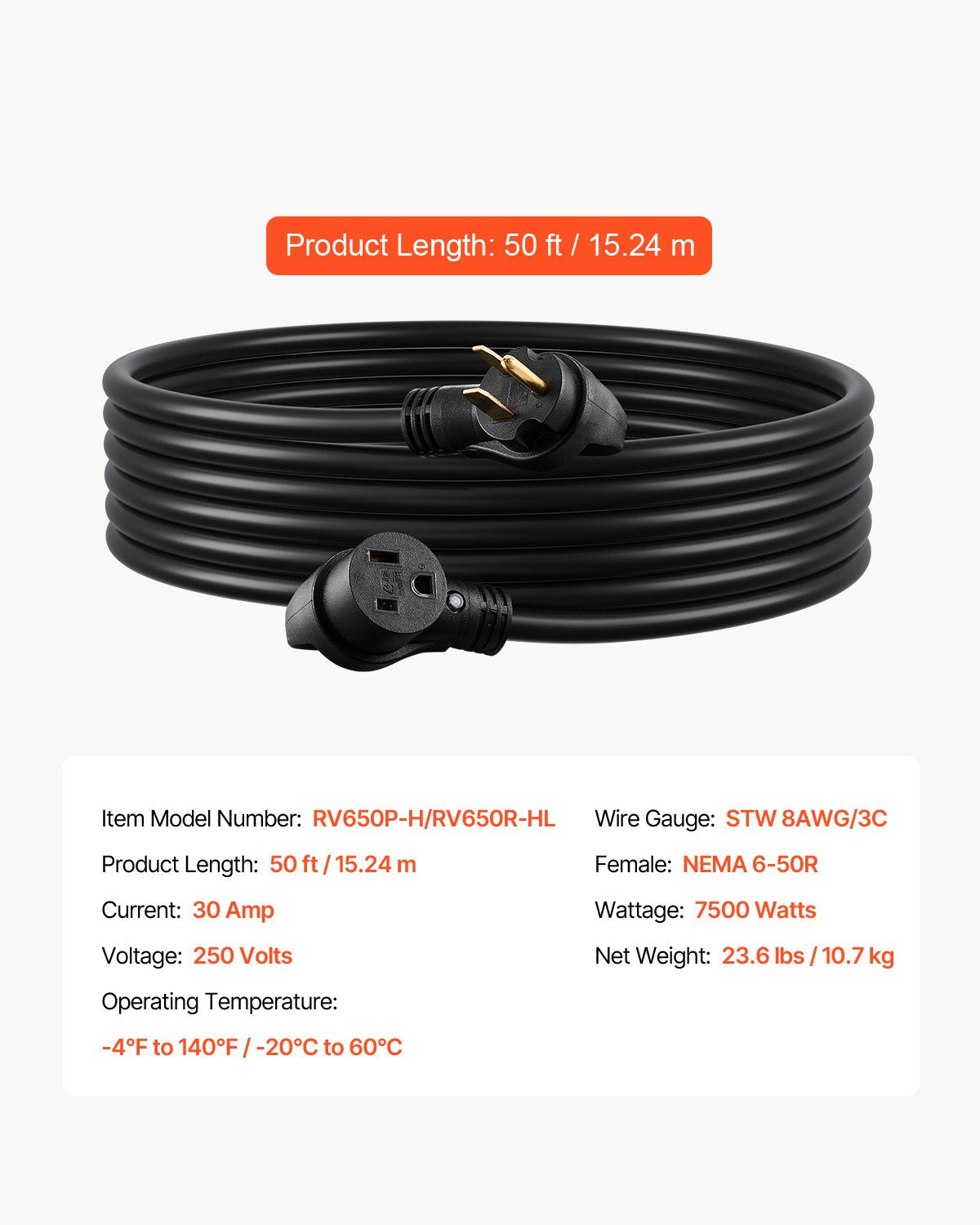 30-Amp Generator Extension Cord, 50 Foot, 250 Volts 7500 Watts Heavy Duty Power Cable, NEMA 6-50P to 6-50R SWT 8AWG Flexible Welder Extension Cord, with Storage Bag, for Generators, ETL Listed