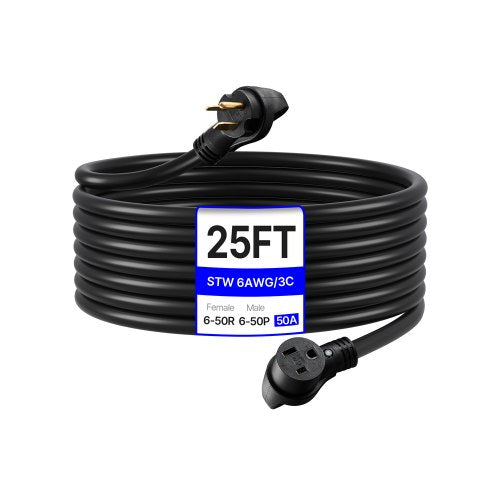 50-Amp Generator Extension Cord, 25 Foot, 250 Volts 12500 Watts Heavy Duty Power Cable, NEMA 6-50R NEMA 6-50P SWT 6AWG Flexible Welder Extension Cord, with Storage Bag, for Generators, ETL Listed