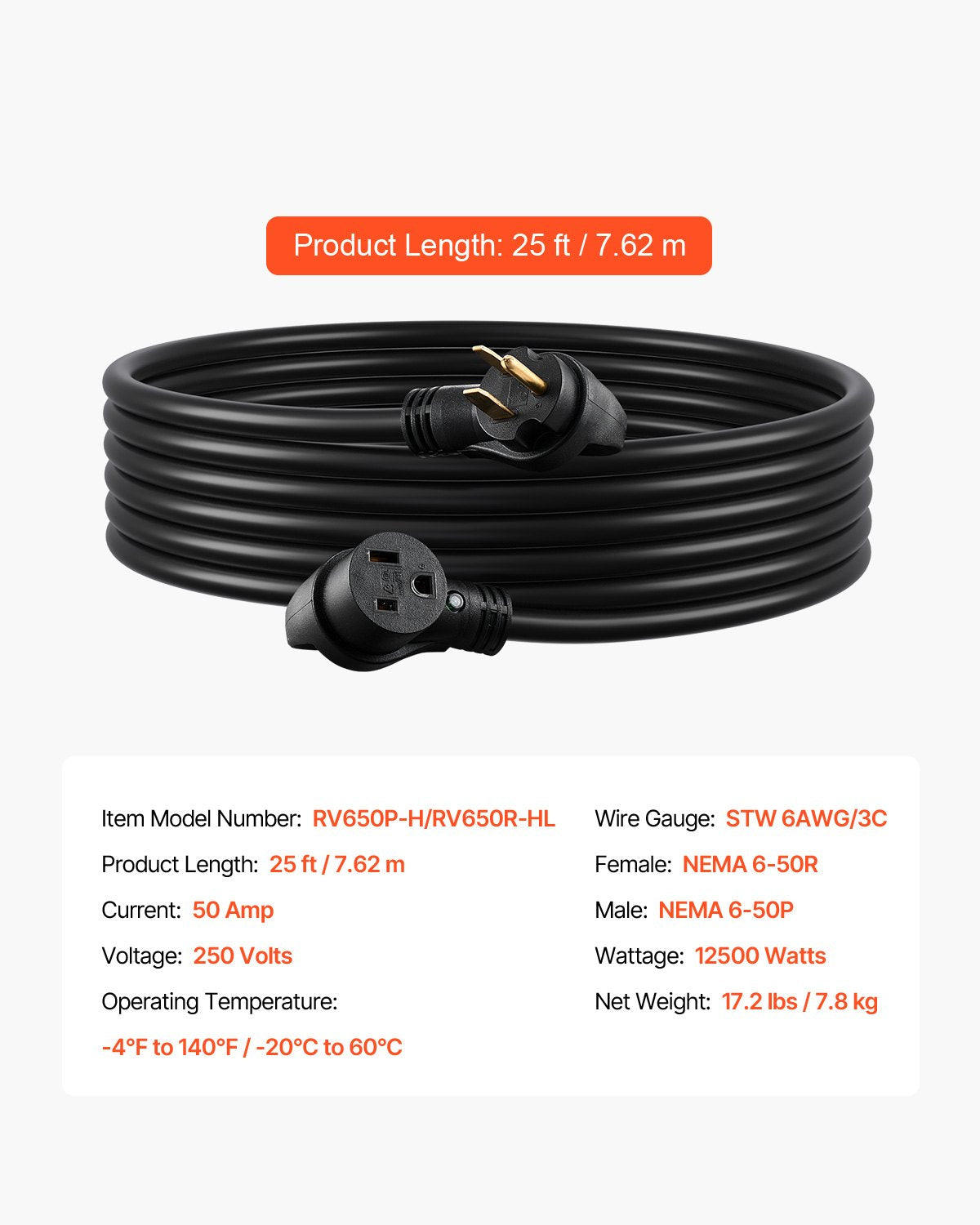 50-Amp Generator Extension Cord, 25 Foot, 250 Volts 12500 Watts Heavy Duty Power Cable, NEMA 6-50R NEMA 6-50P SWT 6AWG Flexible Welder Extension Cord, with Storage Bag, for Generators, ETL Listed