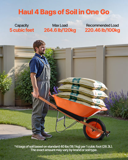 Wheelbarrow Cart, 5 Cu. Ft. Load & 330 lbs Capacity, One Wheel Garden Dump Cart, Garden Wagon with Metal Handle & 16" Wide Track Wheels, Easy Loading Utility Yard Cart & Wagons for Lawn Farm