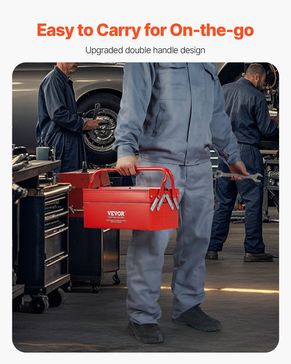 Metal Tool Box, 14-inch, 2-Tier 3-Tray Portable Folding Tool Chest Organizer with Handle & Lock Hole, Powder Coated Steel, Cantilever Toolbox for Household Factory Warehouse Repair Shop, Red