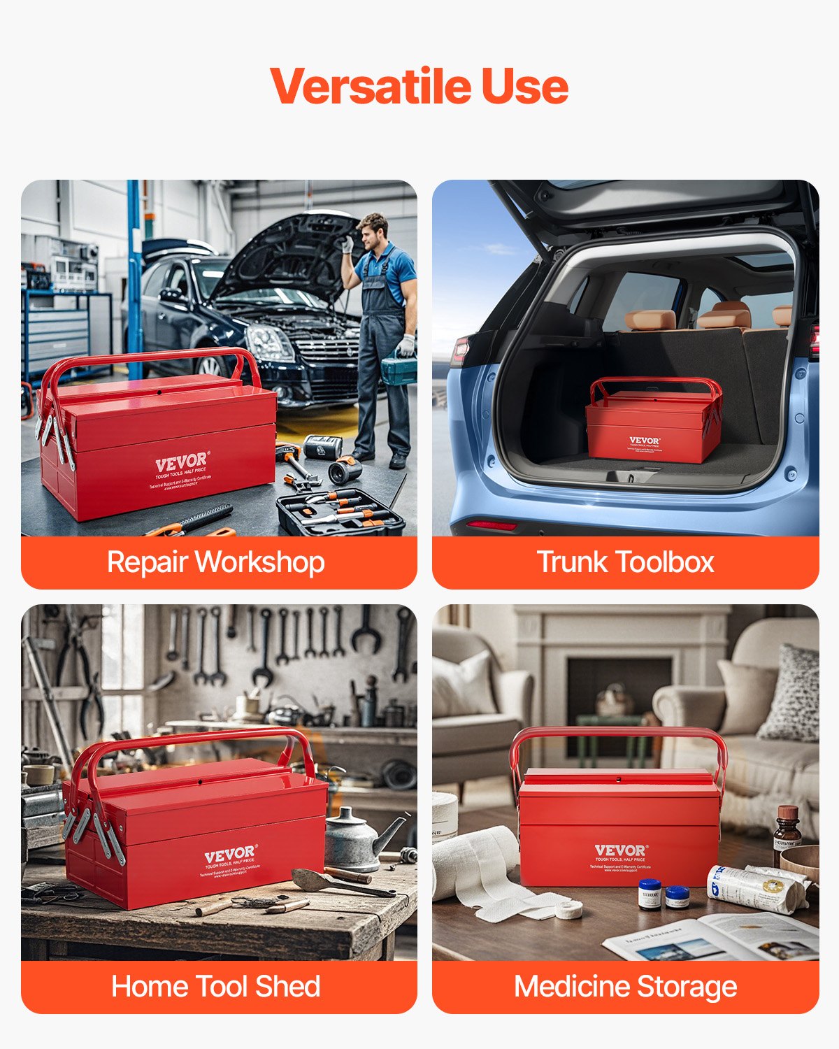 Metal Tool Box, 14-inch, 2-Tier 3-Tray Portable Folding Tool Chest Organizer with Handle & Lock Hole, Powder Coated Steel, Cantilever Toolbox for Household Factory Warehouse Repair Shop, Red