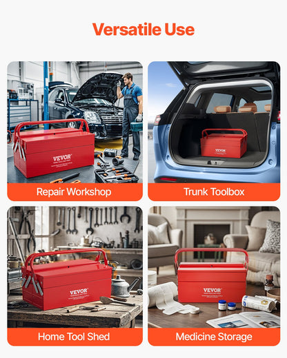 Metal Tool Box, 14-inch, 2-Tier 3-Tray Portable Folding Tool Chest Organizer with Handle & Lock Hole, Powder Coated Steel, Cantilever Toolbox for Household Factory Warehouse Repair Shop, Red