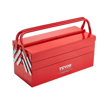 Metal Tool Box, 18-inch, 3-Tier 5-Tray Portable Folding Tool Chest Organizer with Handle & Lock Hole, Powder Coated Steel, Cantilever Toolbox for Household Factory Warehouse Repair Shop, Red