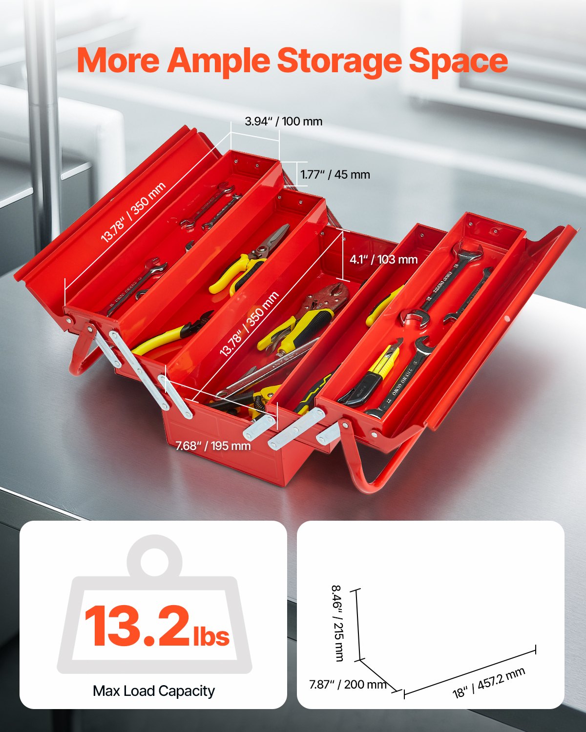 Werkzeugkasten, 18 Zoll, 3-stufig, 5-fach, zusammenklappbar, freitragender Werkzeugkasten mit Griff