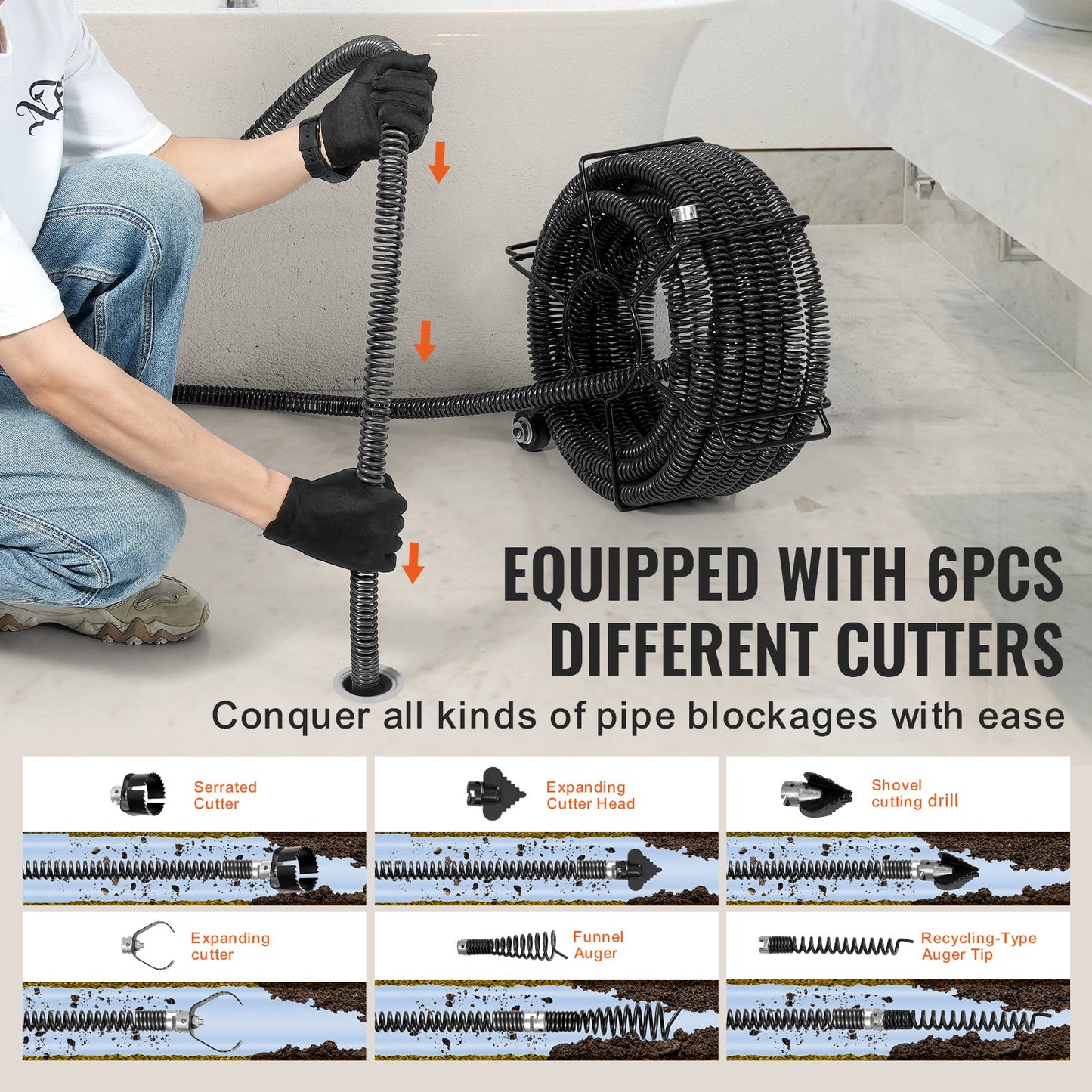 Abschnitts-Abflussreinigungskabel 60 FT x 1-1/5 Zoll und 6 Schneider für 2"-7,9"-Rohre