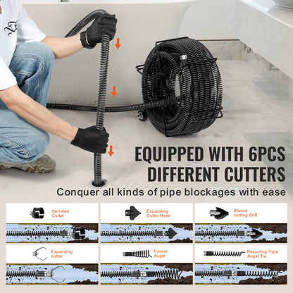 Abschnitts-Abflussreinigungskabel 60 FT x 1-1/5 Zoll und 6 Schneider für 2"-7,9"-Rohre