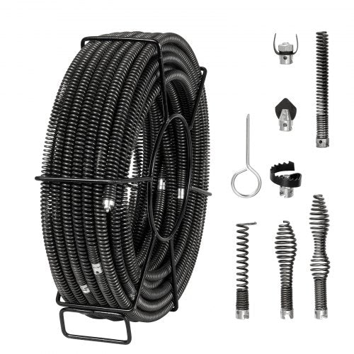 Drain Cleaning Cable 100 FT x 5/8 Inch, Professional Sectional Drain Cleaner Cable with 7 Cutters for 0.8" to 3.9" Pipes, Hollow Core Sewer Drain Auger Cable for Sink, Floor Drain, Toilet