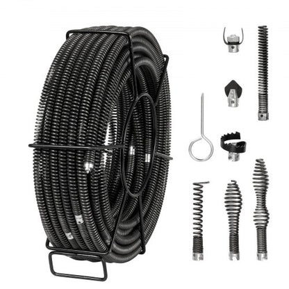 Drain Cleaning Cable 100 FT x 5/8 Inch, Professional Sectional Drain Cleaner Cable with 7 Cutters for 0.8" to 3.9" Pipes, Hollow Core Sewer Drain Auger Cable for Sink, Floor Drain, Toilet