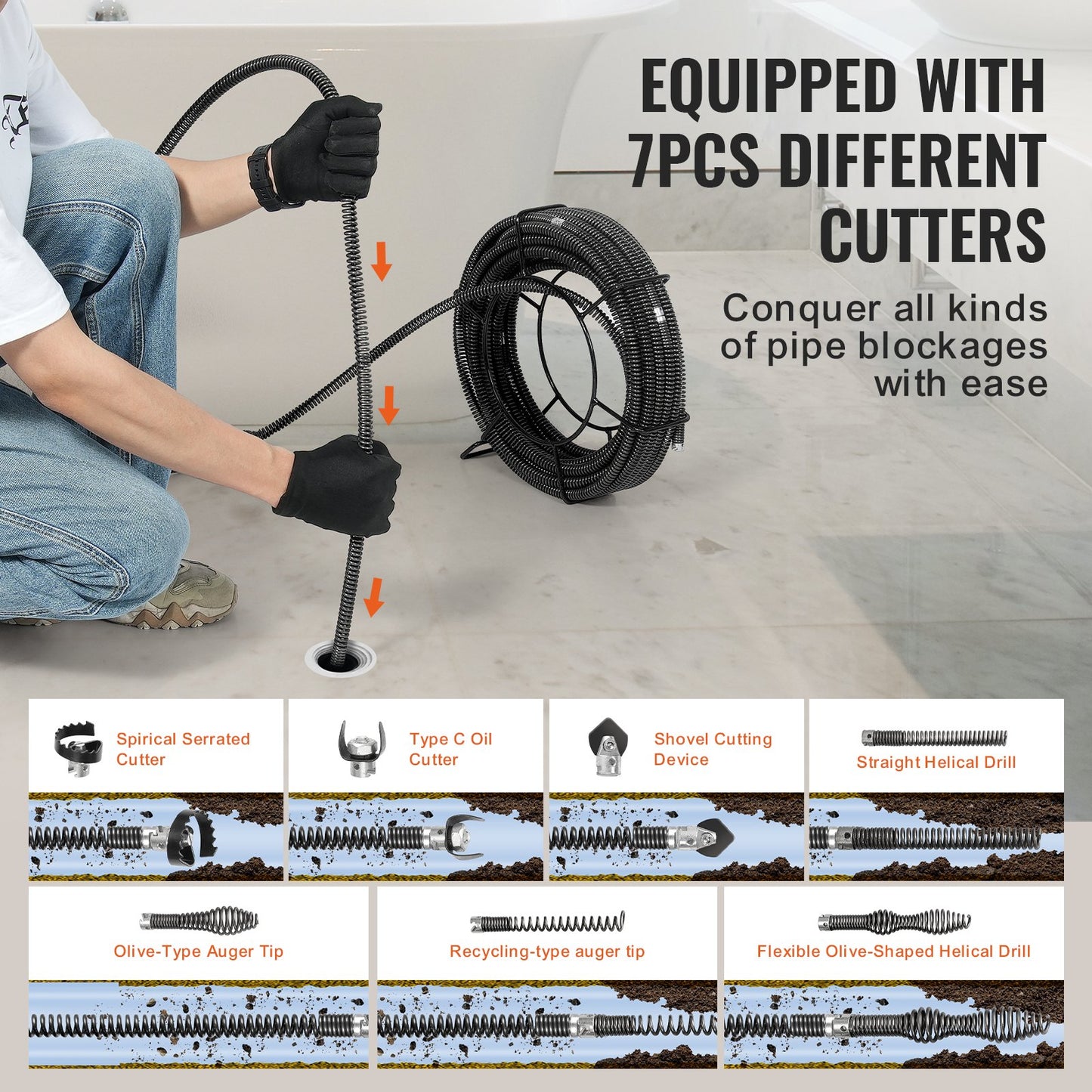 Abschnitts-Abflussreinigungskabel 100FTx5/8In &amp; 7 Schneider für 0,8"-3,9" Rohr