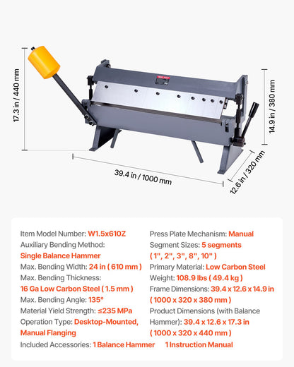 Box and Pan Brake, 24 in Sheet Metal Bending Brake,16-Gauge Mild Steel Capacity, 0-135 Degree Adjustable, Metal Bender Machine with 5 Fingers, Heavy-Duty Aluminum Folder for Precise Bending